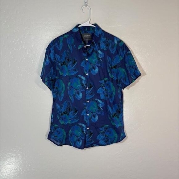 Bonobos Shirt Mens Large Blue Green Floral Short Sleeve Button Up Slim Fit - Picture 1 of 7